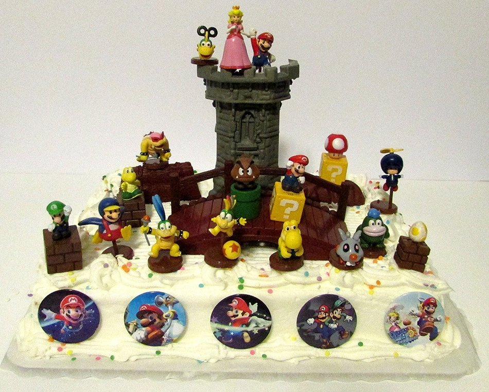 Super Mario Brothers 25 Piece Deluxe Game Scene Birthday Cake Topper Set Featuring Mario, Princess Peach, Luigi... N2