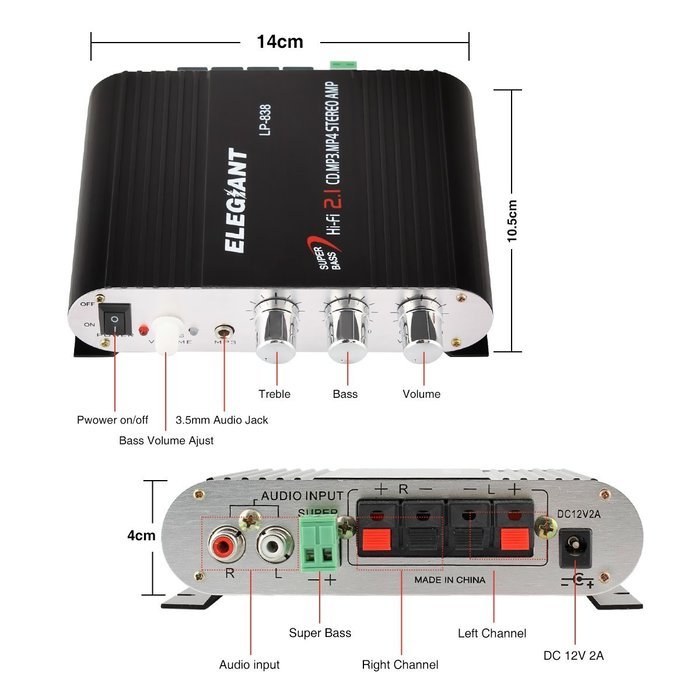 ELEGIANT 200W 12V Mini Hi-Fi Amplifier Booster Radio MP3 Stereo with Power Adapter for Car Motorcycle Home Black... N17