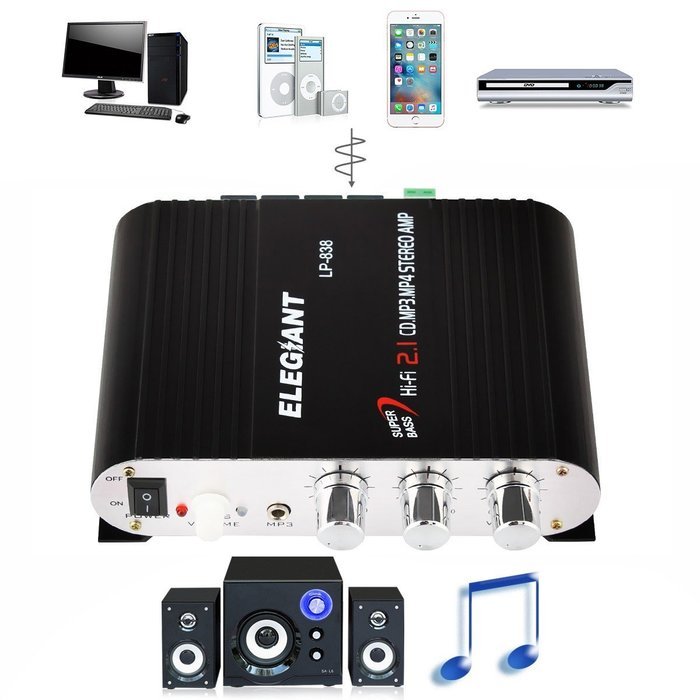 ELEGIANT 200W 12V Mini Hi-Fi Amplifier Booster Radio MP3 Stereo with Power Adapter for Car Motorcycle Home Black... N21
