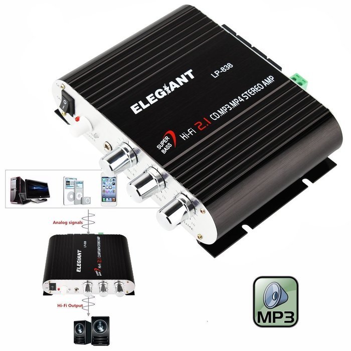 ELEGIANT 200W 12V Mini Hi-Fi Amplifier Booster Radio MP3 Stereo with Power Adapter for Car Motorcycle Home Black... N24