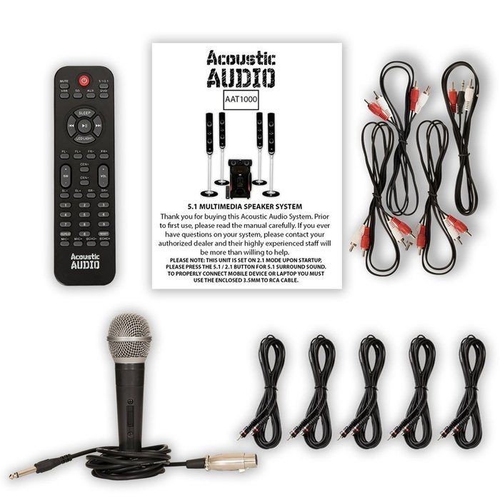 Acoustic Audio AAT1000 Tower 5.1 Speaker System with Mic Powered Sub and 5 Extension Cables