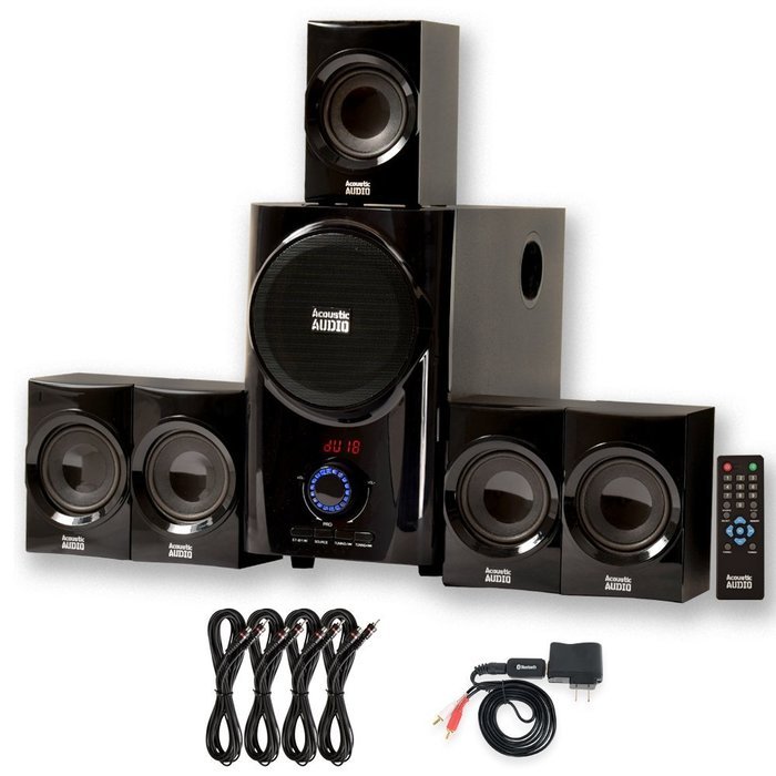 Acoustic Audio AA5160 Home Theater 5.1 Speaker System with Bluetooth FM Tuner and 4 Extension Cables N2