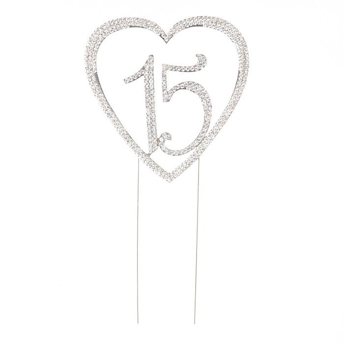15 Cake Topper 15th Birthday Anniversary Quincea&ntilde;era Rhinestone Number Decoration (Silver) N12