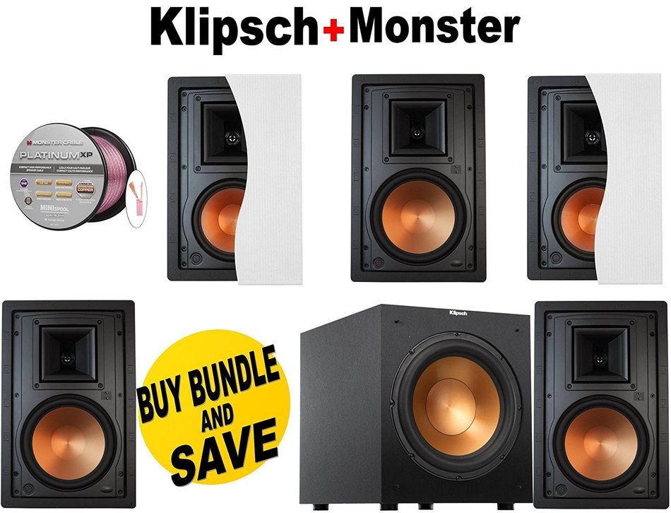 5 Klipsch R-3650-W II In-Wall Speaker - Each (White) + Klipsch R-12SW Powerful 12" 400 watts Subwoofer + Monster...