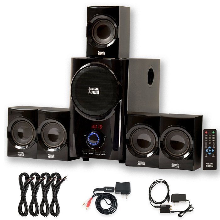 Acoustic Audio AA5160 Home 5.1 Speaker System with Bluetooth Optical Input FM and 4 Extension Cables