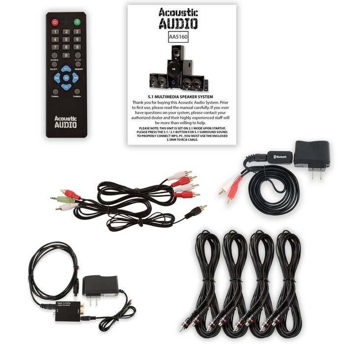 Acoustic Audio AA5160 Home 5.1 Speaker System with Bluetooth Optical Input FM and 4 Extension Cables N2