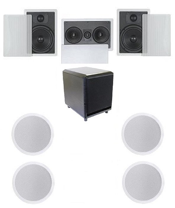 7.1 Home Theater Flush Inwall Speakers with Amplified Subwoofer- 2 Inwall 6.5" 2way Speakers, 1 Inwall Dual 5.25...