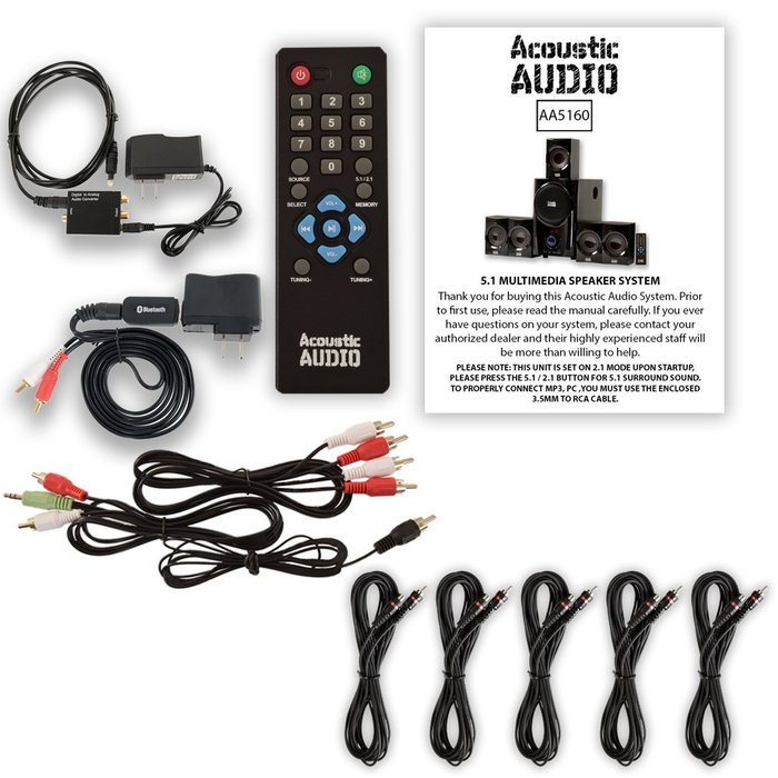 Acoustic Audio AA5160 Home 5.1 FM Speaker System Bluetooth Optical In 5 Ext. Cables AA5160BD-5 N2