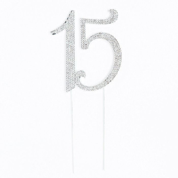 15 Cake Topper 15th Birthday Anniversary Quincea&ntilde;era Rhinestone Number Decoration (Silver) N16