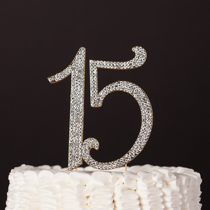 15 Cake Topper 15th Birthday Anniversary Quincea&ntilde;era Rhinestone Number Decoration (Silver) N17