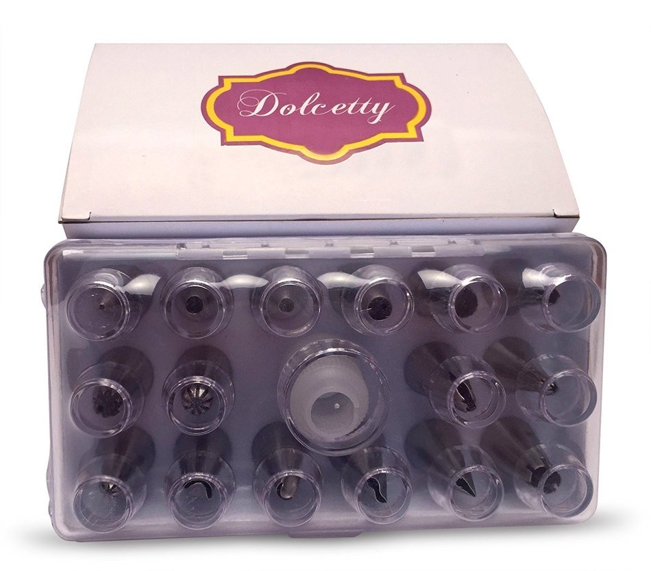 17 Piece Cake & Cupcake Decorating Tips Kit Stainless Steel Icing Nozzles & Set Of 16in Disposable Piping Bags... N8