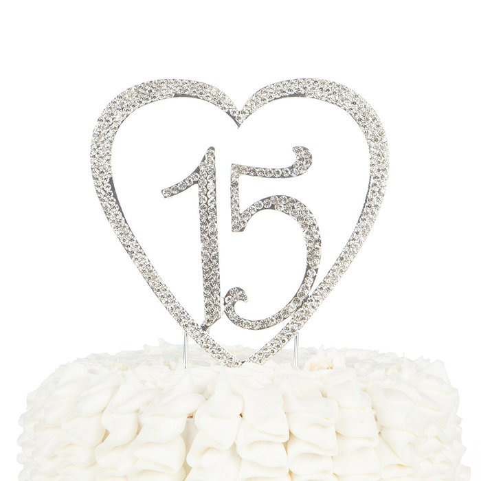 15 Cake Topper 15th Birthday Anniversary Quincea&ntilde;era Rhinestone Number Decoration (Silver) N19
