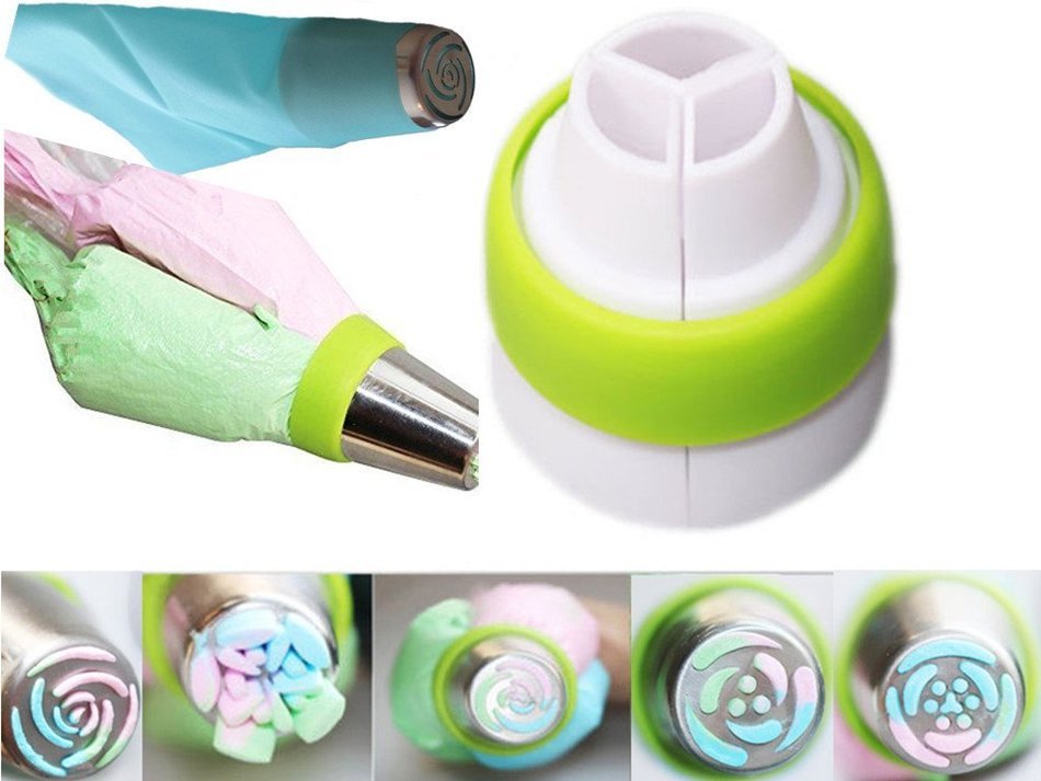 19pcs/set Russian Piping Tips:7 Russian Tips +1 Tri-color Coupler +1 Reusable Silicone bag +10 Disposable Pastry... N3