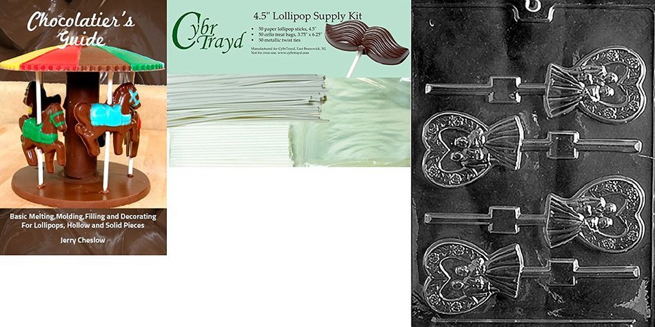 Cybrtrayd "Heart Bride and Groom Lolly" Wedding Chocolate Candy Mold with Lollipop Supply Bundle, Includes 50...