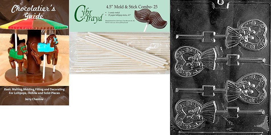 Cybrtrayd "Heart Bride and Groom Lolly" Wedding Chocolate Candy Mold with Lollipop Supply Bundle, Includes 50... N2
