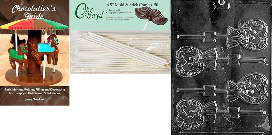 Cybrtrayd "Heart Bride and Groom Lolly" Wedding Chocolate Candy Mold with Lollipop Supply Bundle, Includes 50... N3