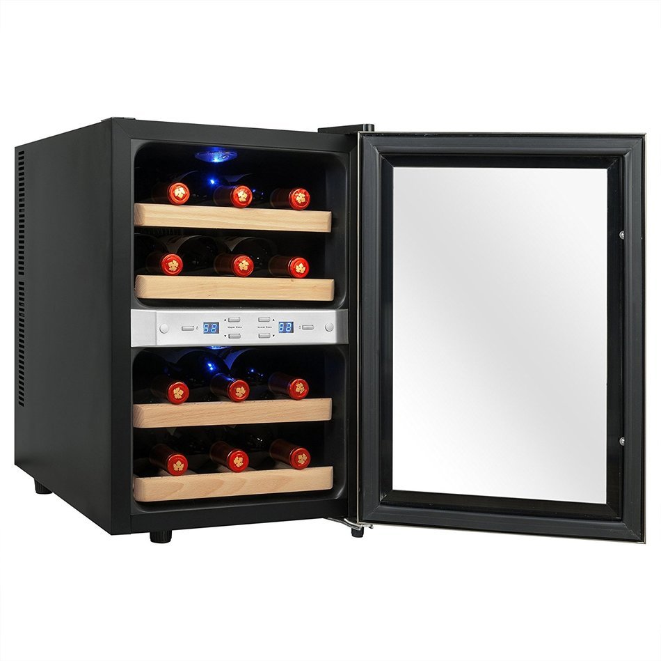 Firebird 12 Bottles Dual Zone Reversible Doors Stainless Steel Finish Wooden Shelves Freestanding Electric Wine...