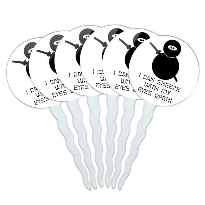 Set of 6 Cupcake Picks Toppers Decoration Funny Nerdy Mustache - Ninja Face Head N9