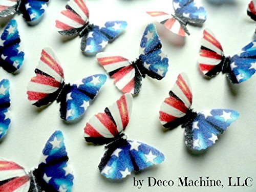 24 Red White & Blue American Flag Print Mini Decorative Wafer Paper Butterflies&copy; 1" Pre Cut Cake Decorations Fourth... N3