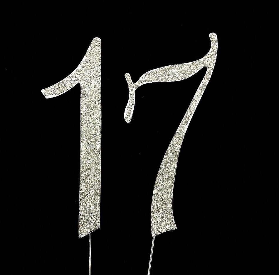 Large 17th Birthday Number Cake Topper with Sparkling Rhinestone Crystals - 4 1/2
