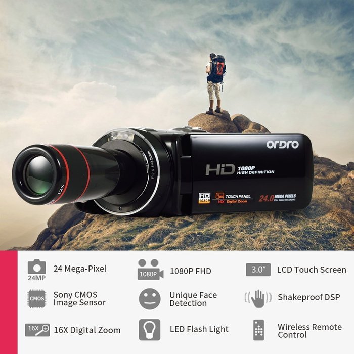 Ordro HDV-Z18 Plus Full HD 1080P Digital Video Camcorder Camera DV 3 inch TFT LCD Rotation Touch Screen with Teleconverter...