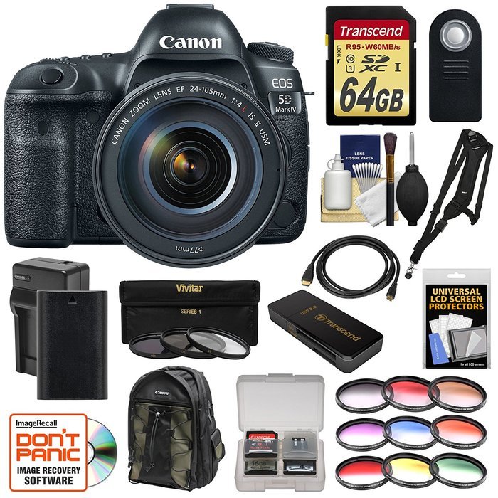 Canon EOS 5D Mark IV 4K Wi-Fi Digital SLR Camera & EF 24-105mm f/4L IS II USM Lens with 64GB Card + Battery &...