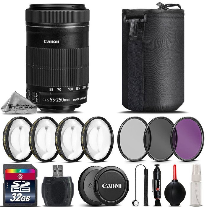 Canon EF-S 55-250mm f/4-5.6 IS STM Lens + 32GB Class 10 High Speed Memory Card + 4PC Macro Kit + UV-CPL-FLD Filters...