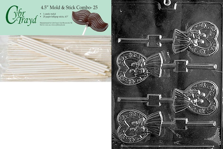 Cybrtrayd "Heart Bride and Groom Lolly" Wedding Chocolate Candy Mold with Lollipop Supply Bundle, Includes 50... N4