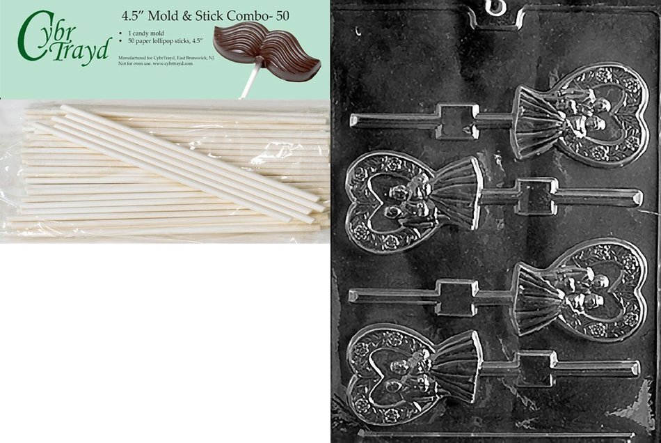 Cybrtrayd "Heart Bride and Groom Lolly" Wedding Chocolate Candy Mold with Lollipop Supply Bundle, Includes 50... N5