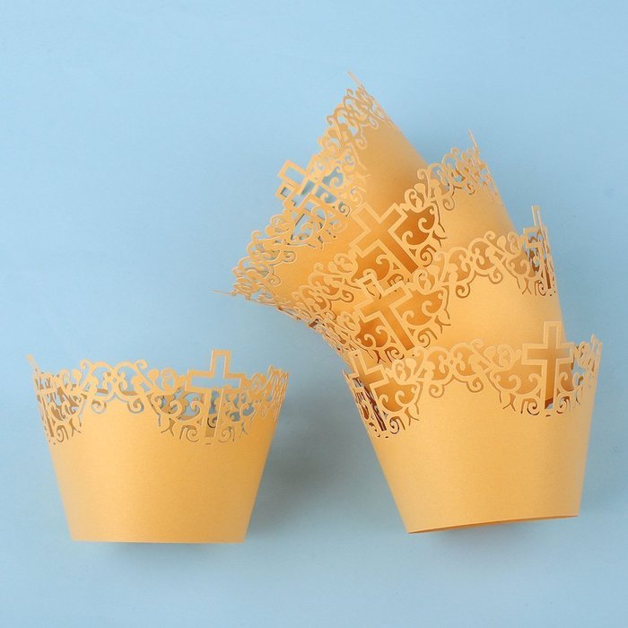 50pcs Filigree Vine Lace Cut Cupcake Wrapper Liner Baking Cup Case Trays Wedding Birthday - Yellow, Cross N2