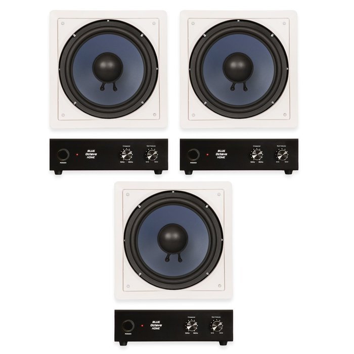 Blue Octave LW10 In Wall 10" Passive Subwoofer Speakers Home Theater 3 Sub and 3 Amp Set