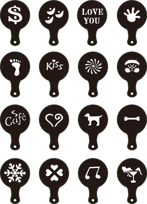 Happy Will 16pcs Plastic Coffee Cappuccino Latte Art Stencils Template Strew Pad Duster Spray N2