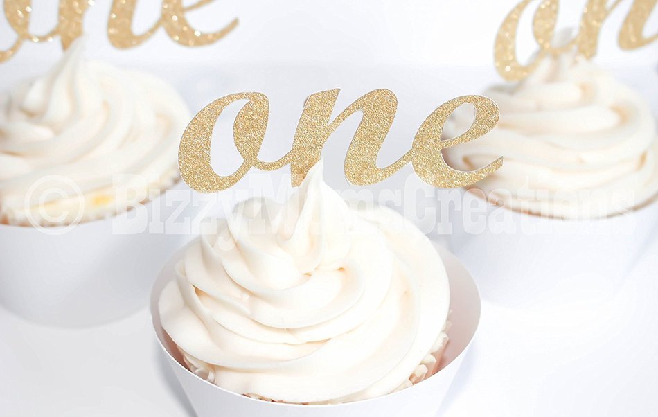 Personalized First Birthday "One" Cupcake Toppers - Set of 12 (customizable, gold cute party supplies, birthday...