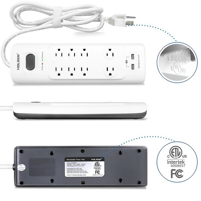 HOLSEM 5 Outlets Surge Protector Power Strip with 2 USB Charging Ports (5V/2.1A) and 4' Heavy Duty Extension Cord... N9