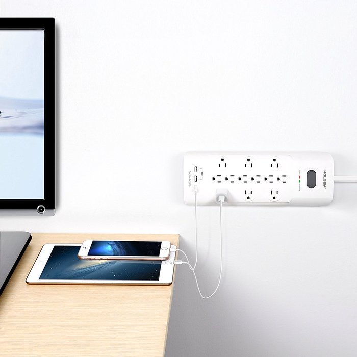 HOLSEM 5 Outlets Surge Protector Power Strip with 2 USB Charging Ports (5V/2.1A) and 4' Heavy Duty Extension Cord... N12