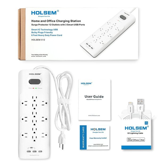HOLSEM 5 Outlets Surge Protector Power Strip with 2 USB Charging Ports (5V/2.1A) and 4' Heavy Duty Extension Cord... N13