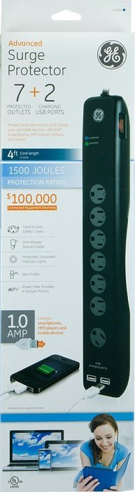 GE 14094 Surge, 7 Outlets, 1500J, 4' Cord, USB, 2 Ports 1.0A, Safety Covers, Black N2
