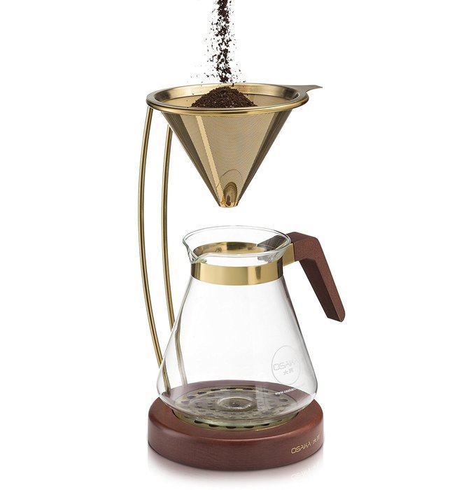 Osaka Large Gold Pour-Over Coffee Dripper with Wood Stand - Full Brewing Set for a Homemade Pourover - 27oz. Capacity... N3