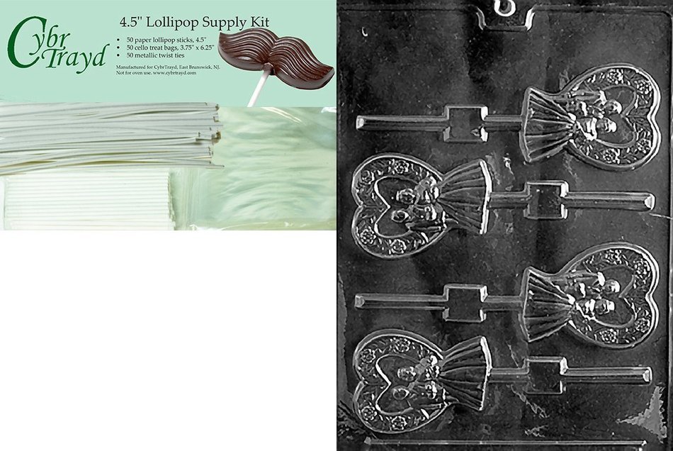 Cybrtrayd "Heart Bride and Groom Lolly" Wedding Chocolate Candy Mold with Lollipop Supply Bundle, Includes 50... N6
