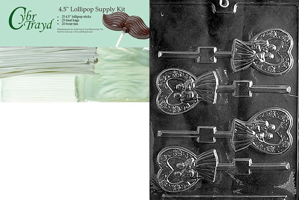 Cybrtrayd "Heart Bride and Groom Lolly" Wedding Chocolate Candy Mold with Lollipop Supply Bundle, Includes 50... N7