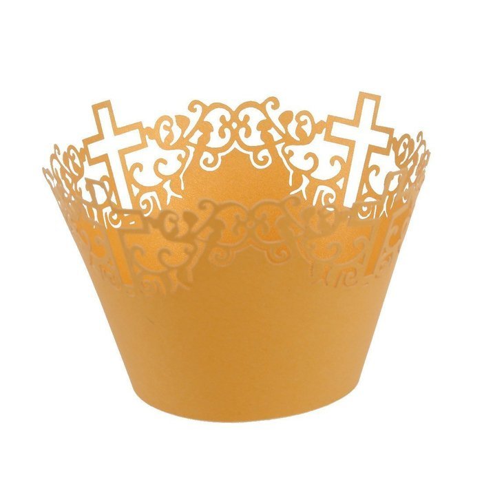 50pcs Filigree Vine Lace Cut Cupcake Wrapper Liner Baking Cup Case Trays Wedding Birthday - Yellow, Cross N4