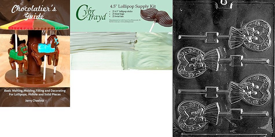Cybrtrayd "Heart Bride and Groom Lolly" Wedding Chocolate Candy Mold with Lollipop Supply Bundle, Includes 50... N8