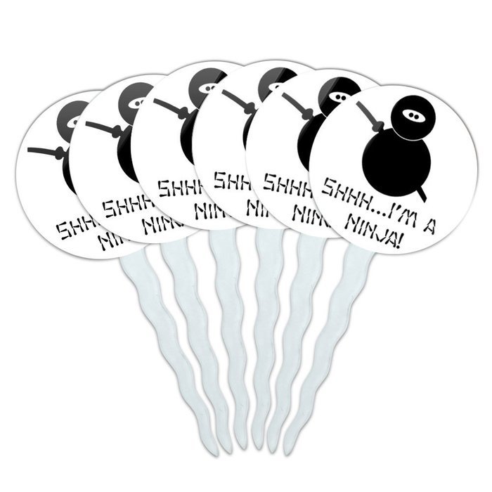Set of 6 Cupcake Picks Toppers Decoration Funny Nerdy Mustache - Ninja Face Head N38
