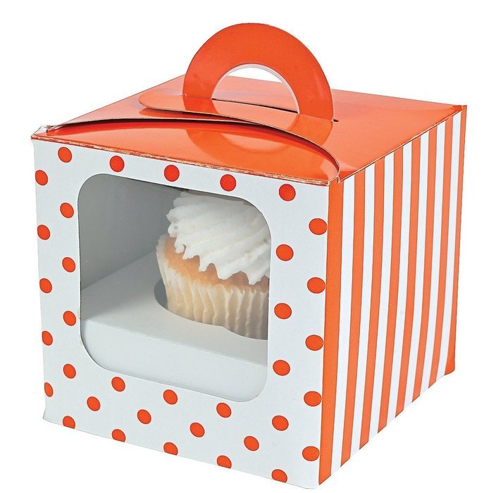 Cupcake Boxes with Handles and Inserts - Orange Polka Dot - 12 ct