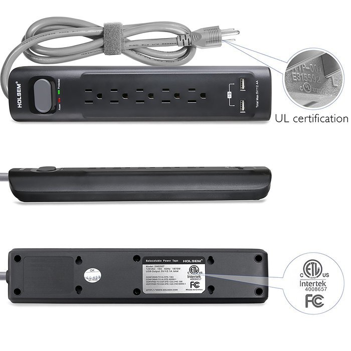 HOLSEM 5 Outlets Surge Protector Power Strip with 2 USB Charging Ports (5V/2.1A) and 4' Heavy Duty Extension Cord... N14