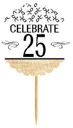 25th Birthday / Anniversary Novelty Burlap Cupcake Decoration Picks -12pack