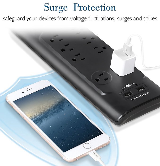 HOLSEM 5 Outlets Surge Protector Power Strip with 2 USB Charging Ports (5V/2.1A) and 4' Heavy Duty Extension Cord... N17