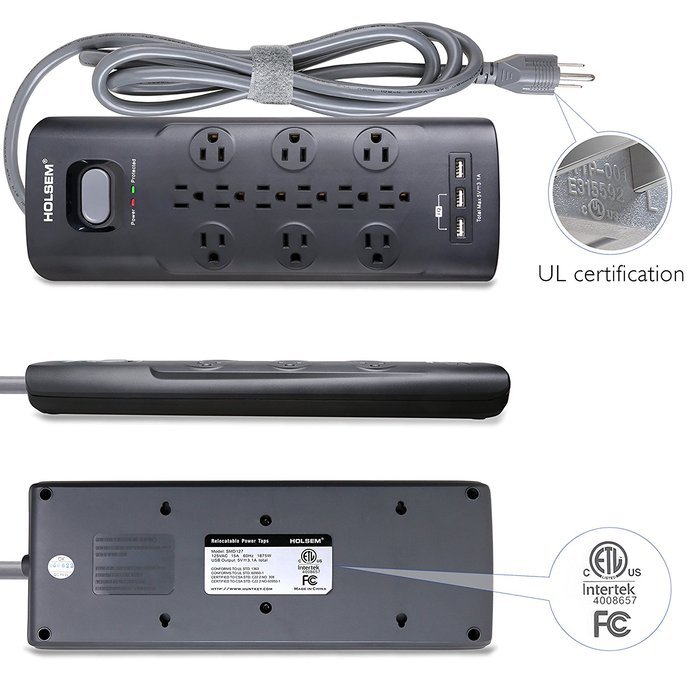 HOLSEM 5 Outlets Surge Protector Power Strip with 2 USB Charging Ports (5V/2.1A) and 4' Heavy Duty Extension Cord... N18