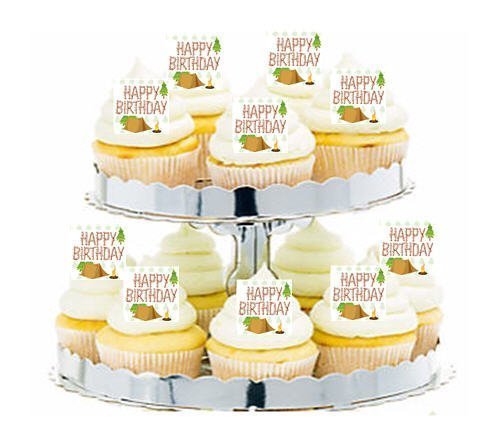 CakeSupplyShop Item#24252 24pk Camping Happy Birthday Edible Cupcake Decoration Toppers / Picks