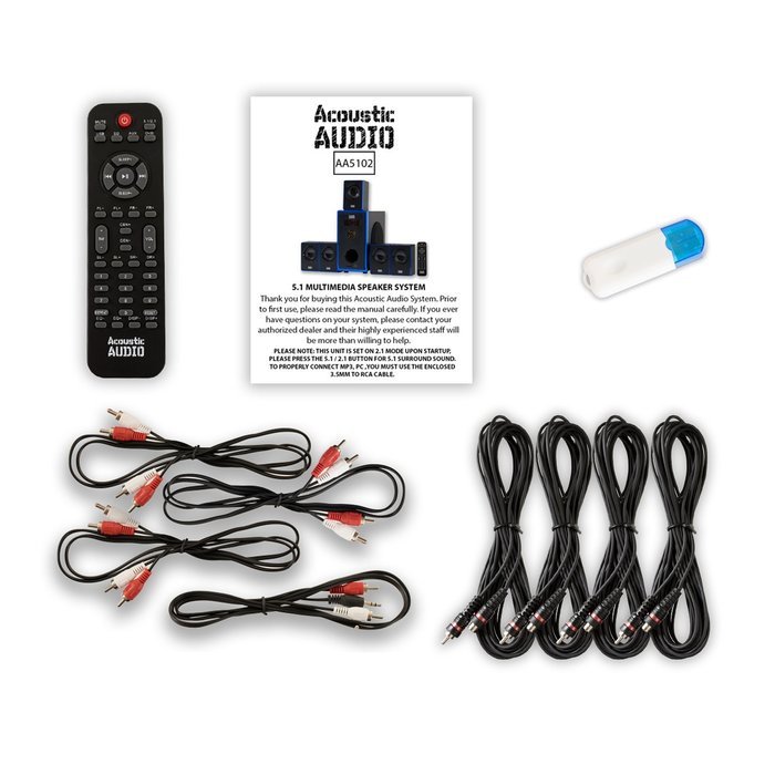 Acoustic Audio AA5102 Home Theater 5.1 Speaker System with USB Bluetooth and 4 Extension Cables